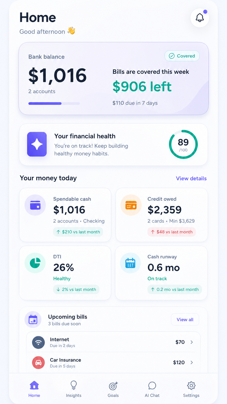 Expense Tight home showing bank balance, bill coverage, and financial health